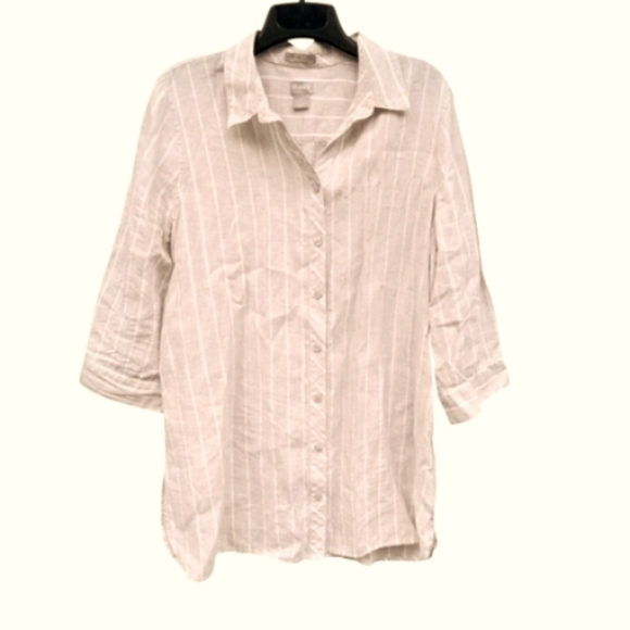 Chico's 100% Linen Tan White Striped FreshChic Non Iron Button Up Size 2 12/14 L - Picture 9 of 9